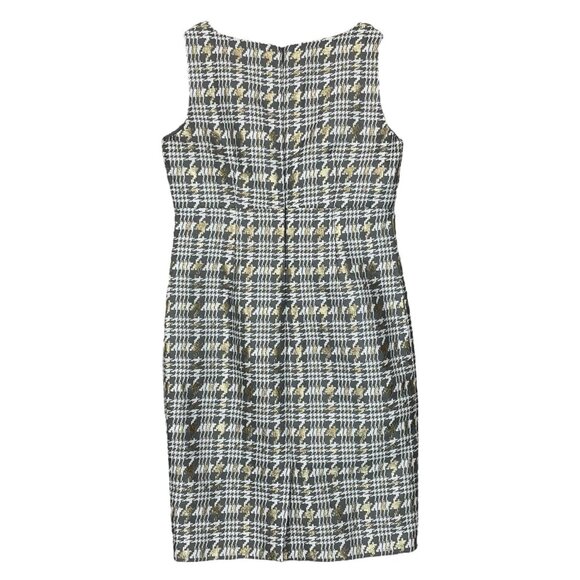 Albert Nipon Houndstooth Plaid Metallic Cocktail Dress Gray Ivory Gold Size 8 - Picture 2 of 8